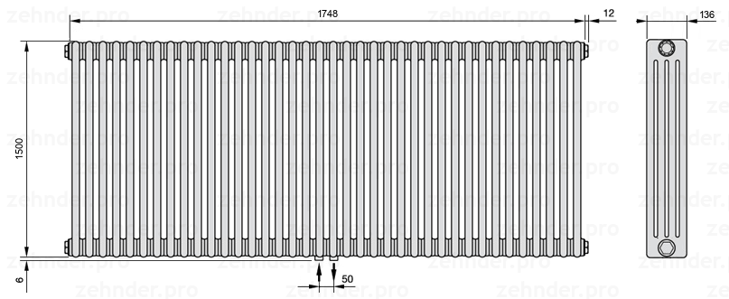 Схема (чертеж) Радиатор Zehnder Charleston 4150/38 №3470 Белый глянцевый RAL 9016